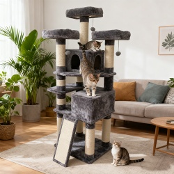 Cloud-Top Multi-Level Cat Tree with Cozy Condos & Scratching Ramp