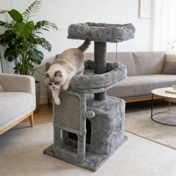 Gray Multi-Level Cat Tree Tower with Scratching Board & Cozy Condo