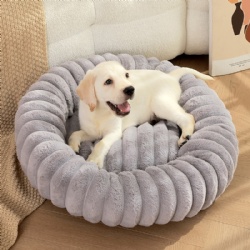 Round Striped Fluffy Pet Bed Thick Plush Cushion Soft Warm Cozy Anti Slip Durable Washable Deep Sleep Pet Nest