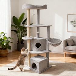 Spacious Gray Cat Condo Tree with Perches & Hanging Toys